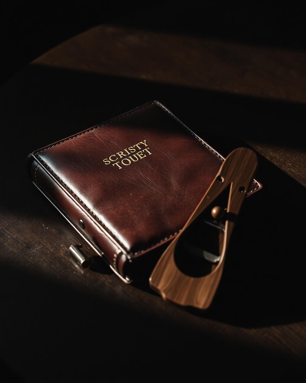 Weathered leather scripture case and a wooden hand plane on a dark oak table